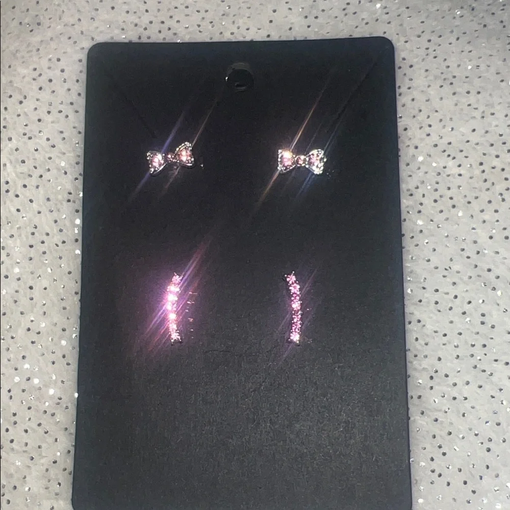🎀 Pink Rhinestone Bow & Bar Earrings Set of 2 Pairs ✨